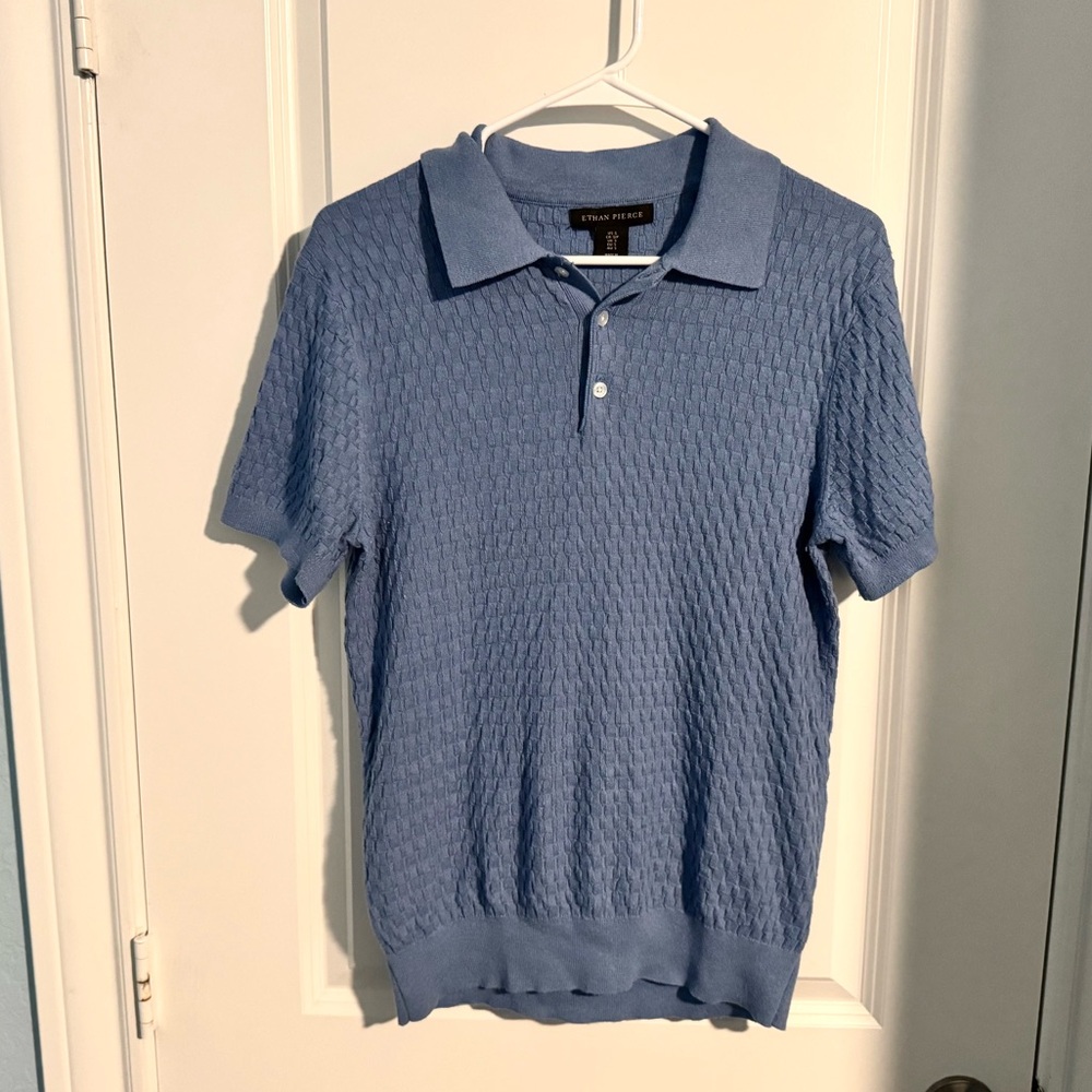 Ethan Pierce Sweater Textured Blue Polo Shirt Size Small